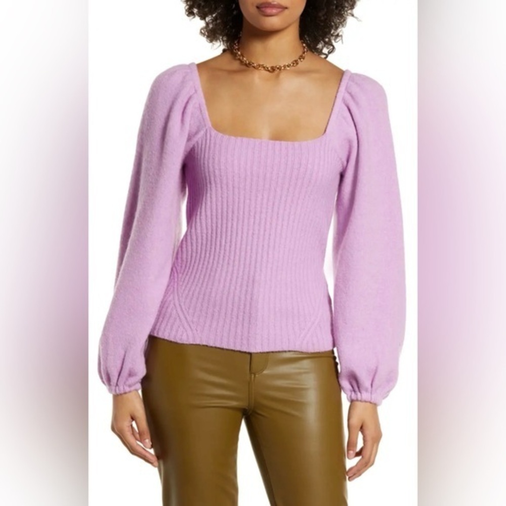 Halogen Women’s Small Lilac Puff Sleeve Square Neck Knit Sweater Top S Feminine